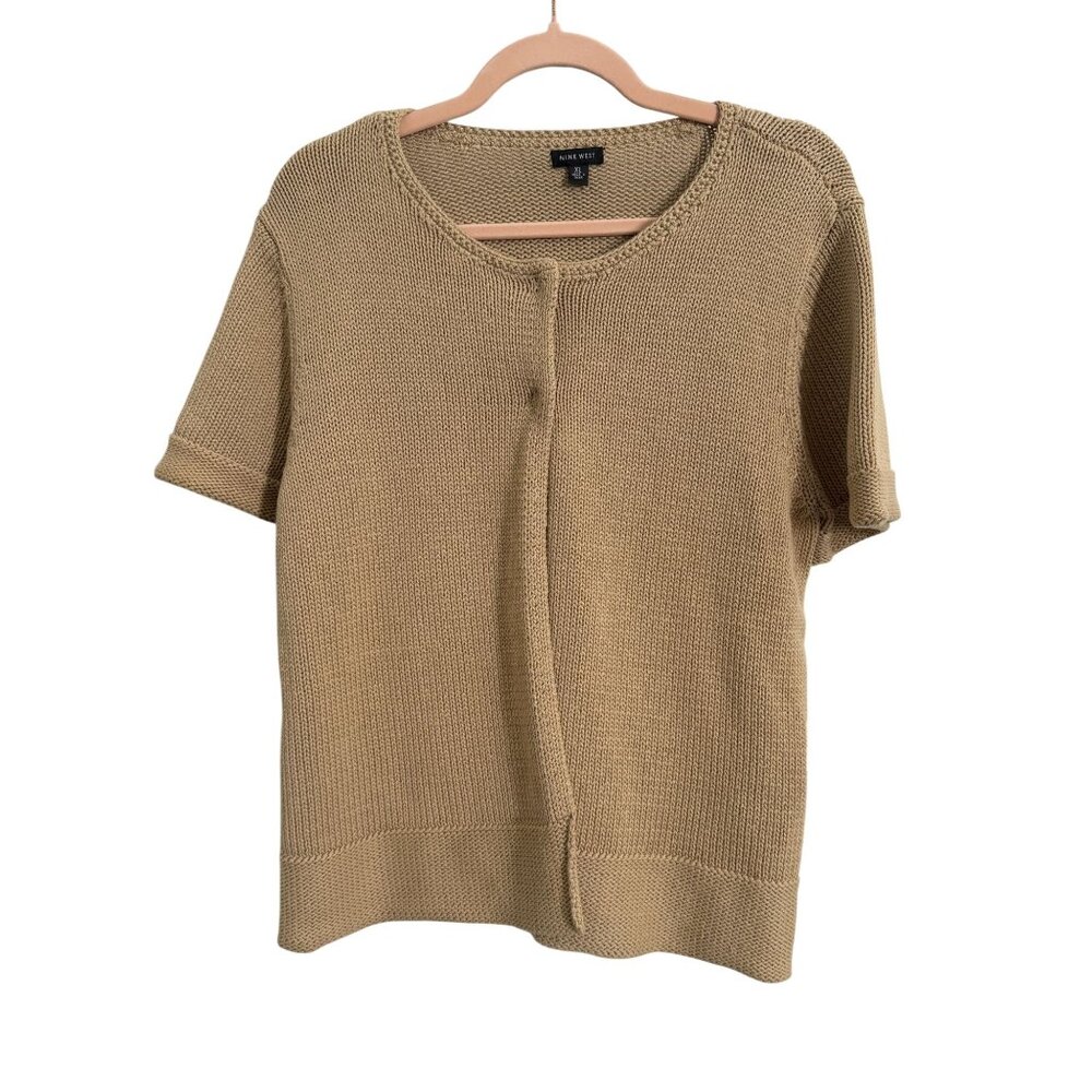 Nine West Tan Short Sleeve Knit Cardigan XL Lightweight Cotton Blend